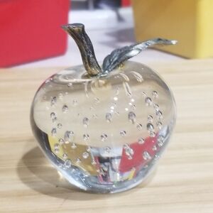 Apple Paperweight Metal Stem Leaf Clear‎ Bubble Art Glass 3.25"H